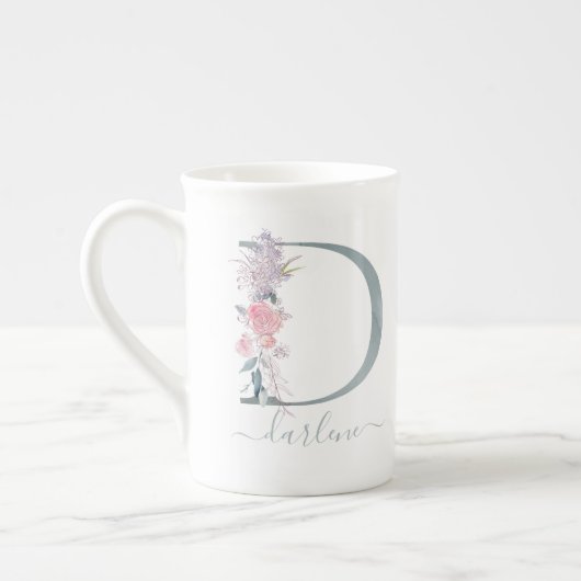 Monogram Blush Roze Waterverf Floral Letter D Porselein Kop (Links)