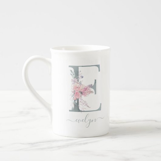 Monogram Blush Roze Waterverf Floral Letter E Porselein Kop (Links)