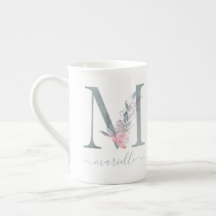 Monogram Blush Roze Waterverf Floral Letter M Porselein Kop
