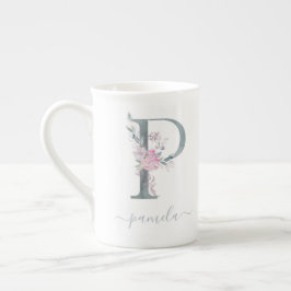 Monogram Blush Roze Waterverf Floral Letter P Porselein Kop