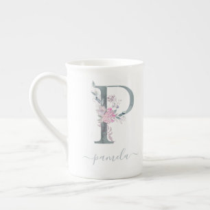 Monogram Blush Roze Waterverf Floral Letter P Porselein Kop