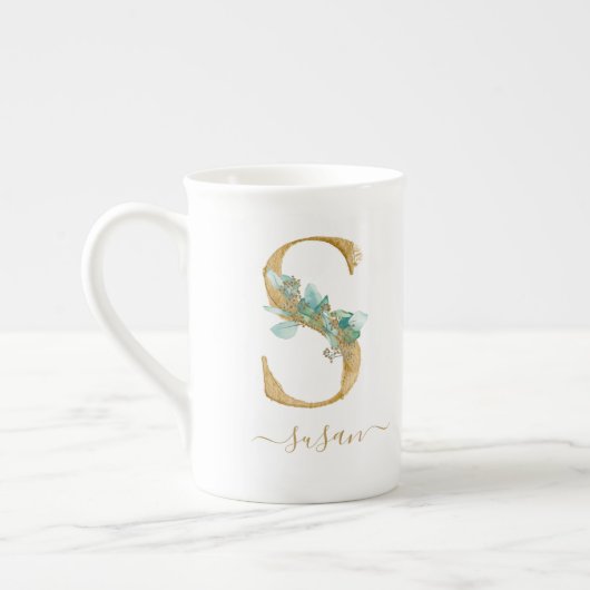 Monogram Blush Roze Waterverf Floral Letter S Bon Porselein Kop (Links)