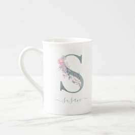 Monogram Blush Roze Waterverf Floral Letter S Porselein Kop