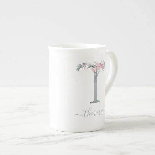Monogram Blush Roze Waterverf Floral Letter T Porselein Kop (Voorkant rechts)