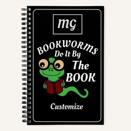 Monogram Boekenwurm Humor Zwart Custom Notitieboek (Voorkant)