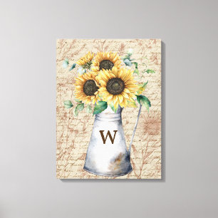 Monogram Boeren Zonnebloem Vintage Letter Decoupag Canvas Afdruk