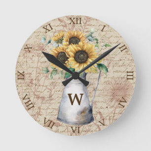 Monogram Boeren Zonnebloem Vintage Letter Decoupag Ronde Klok