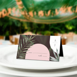 Monogram Bogen Palmboom Tropische Bruiloft Plaatskaartje