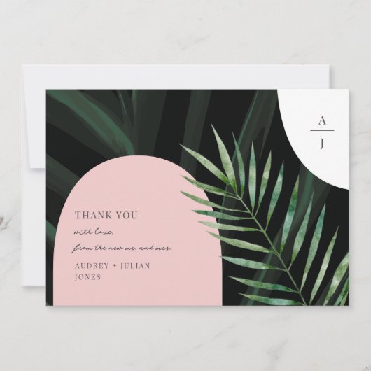 Monogram bogen tropische bruiloft foto bedankkaart (Voorkant)