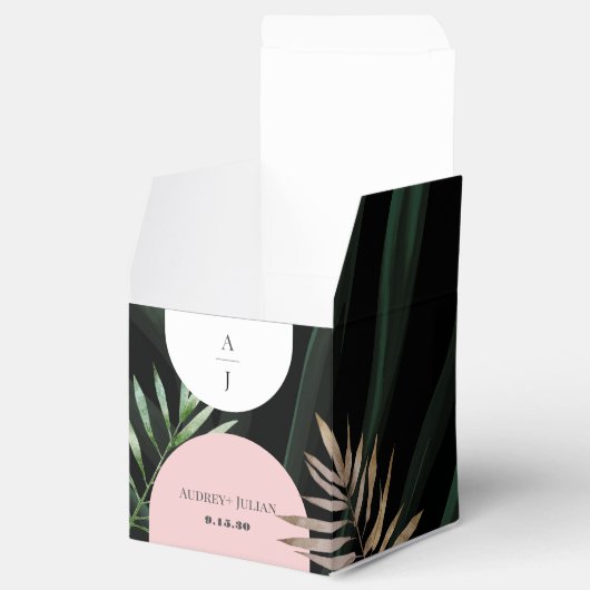 Monogram Bogen Tropische Palmboom Bruiloft Bedankdoosjes (Geopend)