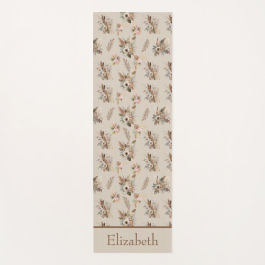 Monogram Boho Beige Bruin Botanisch Gras Bloemen Yogamat (Voorkant)