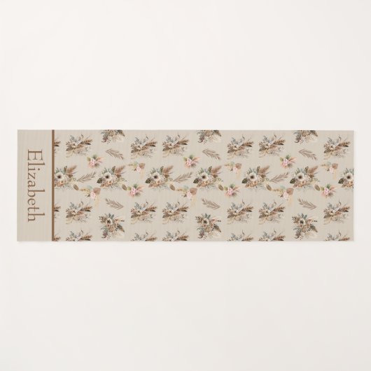 Monogram Boho Beige Bruin Botanisch Gras Bloemen Yogamat (Voorkant (horizontaal))