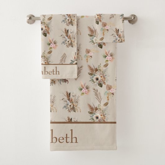 Monogram Boho Beige Bruine Botanische Gras Bloem Bad Handdoek (Insitu)