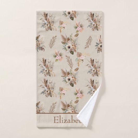 Monogram Boho Beige Bruine Botanische Gras Bloemen Bad Handdoek (Handdoek)