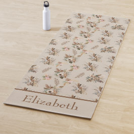 Monogram Boho Beige Bruine Botanische Gras Bloemen Yogamat