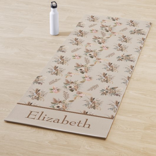 Monogram Boho Beige Bruine Botanische Gras Bloemen Yogamat (In situ)