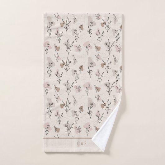 Monogram Boho Beige Crème Bruin Roze Bloemmotief Bad Handdoek (Handdoek)