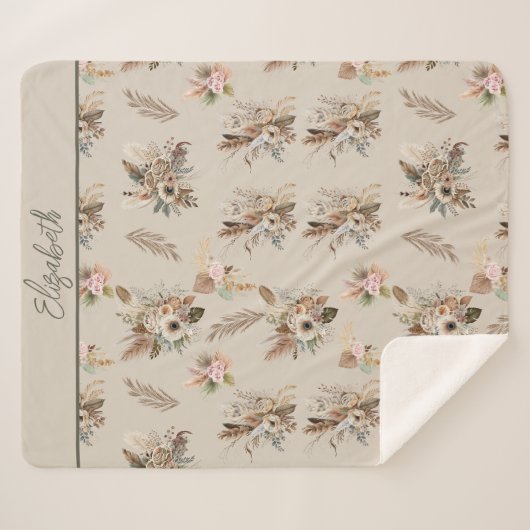 Monogram Boho Beige Groen Roze Bloemen Botanisch Sherpa Deken (Voorkant (horizontaal))