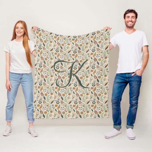 Monogram Boho Bladeren Botanisch Bruin Groen Beige Fleece Deken (In situ)