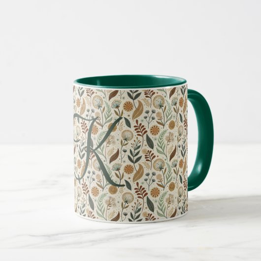 Monogram Boho Bladeren Botanisch Bruin Groen Beige Mok (Voorkant rechts)