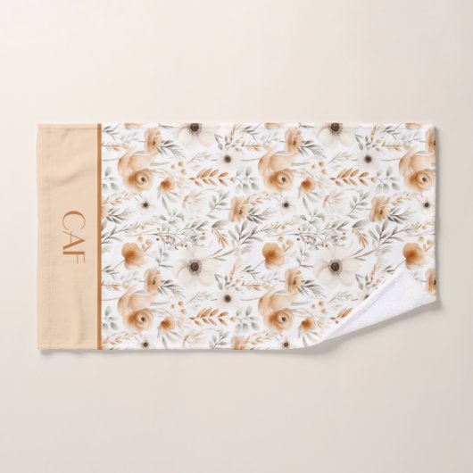 Monogram Boho Bloem Bruin Beige Grijs Botanisch  Bad Handdoek (Handdoek)