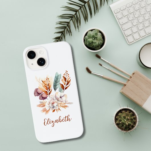 Monogram Boho Bloem Terracotta Blauw Paars Case-Mate iPhone Case