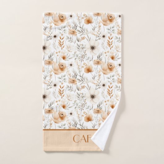 Monogram Boho Bloemen Bruin Beige Grijs Botanisch Bad Handdoek (Handdoek)