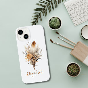 Monogram Boho Bloemen Bruin Beige Wit Grijs Case-Mate iPhone 14 Hoesje