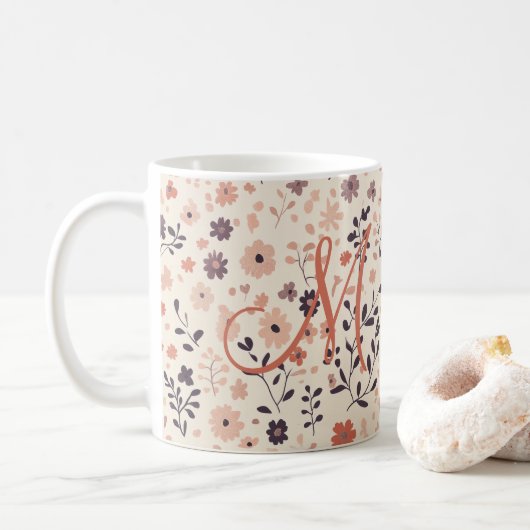 Monogram Boho Blush Roze Beige Koraal Wilde Bloem Koffiemok (Met donut)