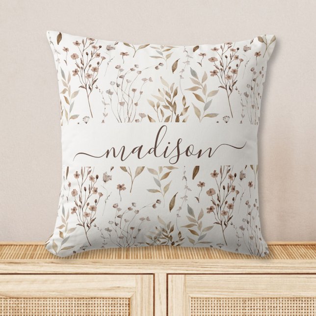Monogram Boho Bruine Mooie Bloemen Bladeren Patroo Kussen (In situ)