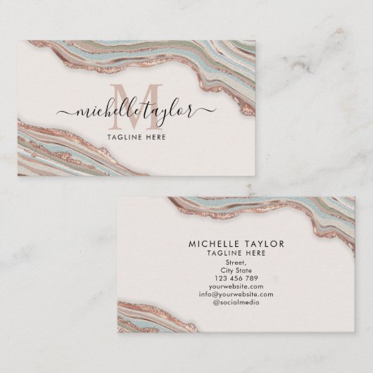 Monogram Boho Earth Tones Agate Blush Pink Visitekaartje (Voorkant / Achterkant)