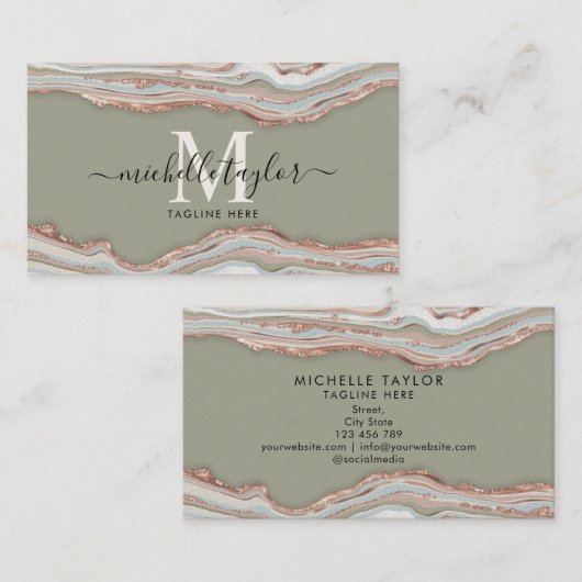 Monogram Boho Earth Tones Agate Sage Green Visitekaartje (Voorkant / Achterkant)