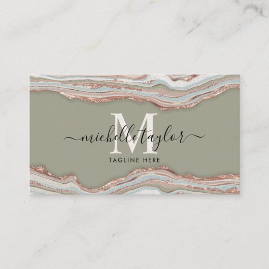 Monogram Boho Earth Tones Agate Sage Green Visitekaartje (Voorkant)