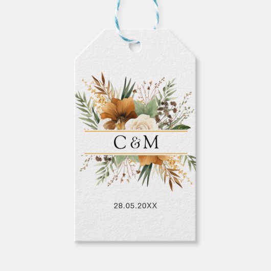 Monogram, boho, elegant bloemenboeket cadeaulabel (Voorkant)