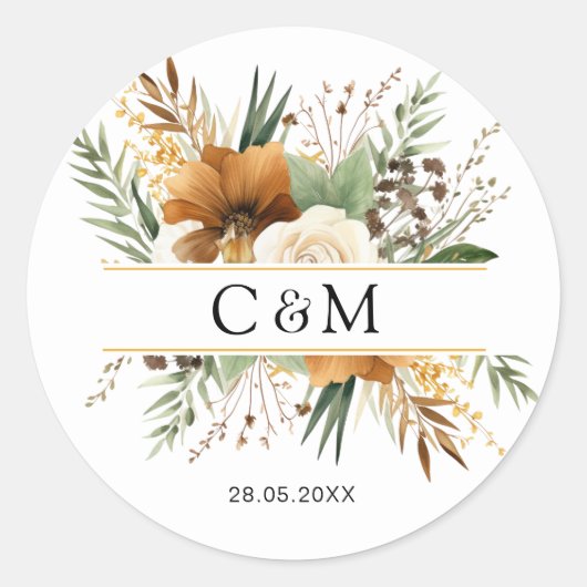 Monogram, boho, elegante bloemboeket ronde sticker (Voorkant)