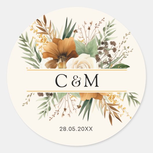 Monogram, boho , elegante bloemenruiker ronde sticker (Voorkant)