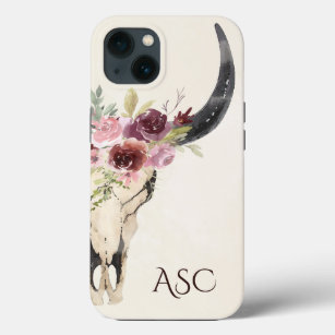 Monogram Boho Floral Skull op Cream Background Case-Mate iPhone Case