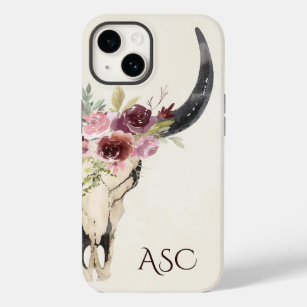 Monogram Boho Floral Skull op Cream Background Case-Mate iPhone 14 Hoesje