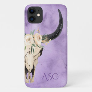 Monogram Boho Floral Skull op Paarse achtergrond Case-Mate iPhone Case