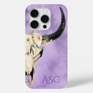 Monogram Boho Floral Skull op Paarse achtergrond iPhone 15 Pro Case