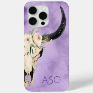 Monogram Boho Floral Skull op Paarse achtergrond iPhone 15 Pro Max Hoesje