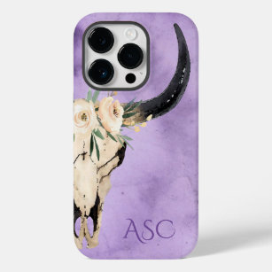 Monogram Boho Floral Skull op Paarse achtergrond Case-Mate iPhone 14 Pro Hoesje