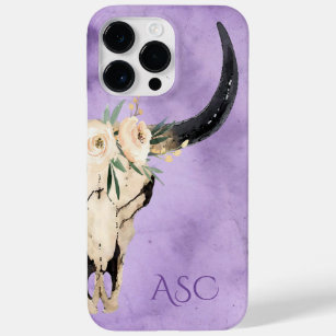 Monogram Boho Floral Skull op Paarse achtergrond Case-Mate iPhone 14 Pro Max Hoesje