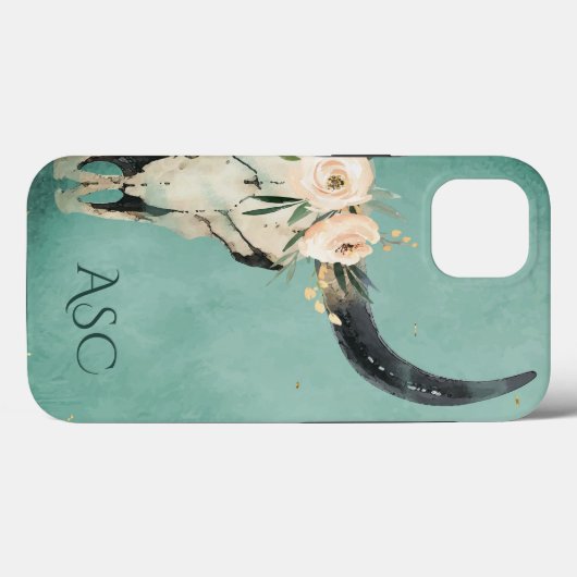 Monogram Boho Floral Skull op Turquoise Background Case-Mate iPhone Case (Achterkant (horizontaal))