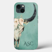 Monogram Boho Floral Skull op Turquoise Background Case-Mate iPhone Case (Achterkant)