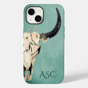 Monogram Boho Floral Skull op Turquoise Background Case-Mate iPhone 14 Hoesje
