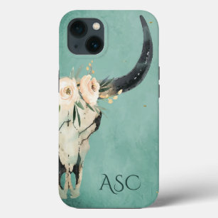 Monogram Boho Floral Skull op Turquoise Background Case-Mate iPhone Case