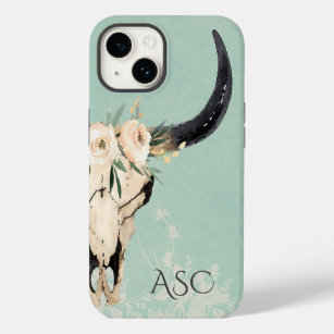 Monogram Boho Floral Skull op Turquoise Background Case-Mate iPhone 14 Hoesje