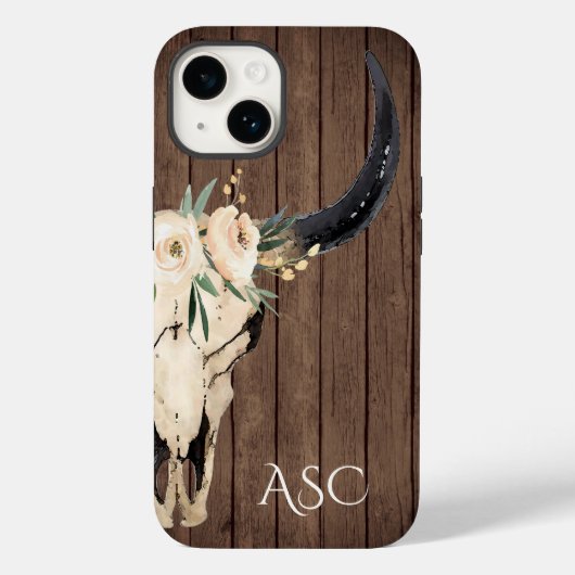 Monogram Boho Floral Skull Rustic Wood Achtergrond Case-Mate iPhone Case (Achterkant)