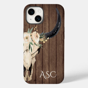 Monogram Boho Floral Skull Rustic Wood Achtergrond Case-Mate iPhone 14 Hoesje